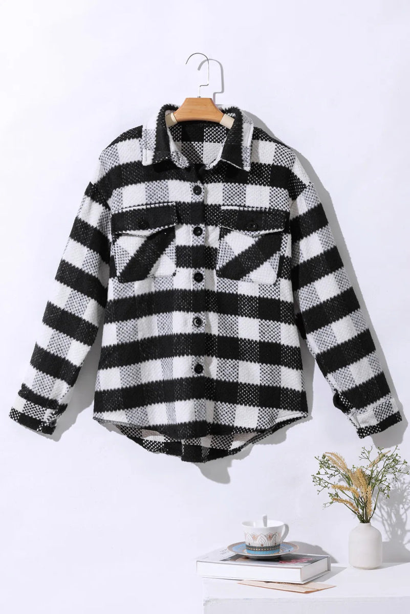 Plaid Button Up Long Sleeve Jacket - CELIVINE