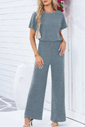 Ribbed Short Sleeve Wide Leg Jumpsuit - CELIVINE