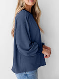 Round Neck Drop Shoulder Long Sleeve Sweatshirt - CELIVINE