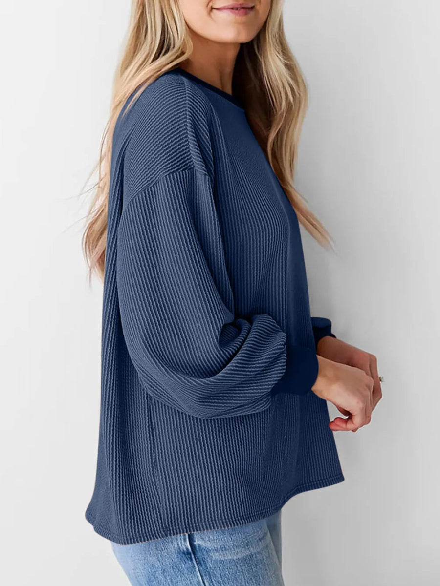 Round Neck Drop Shoulder Long Sleeve Sweatshirt - CELIVINE