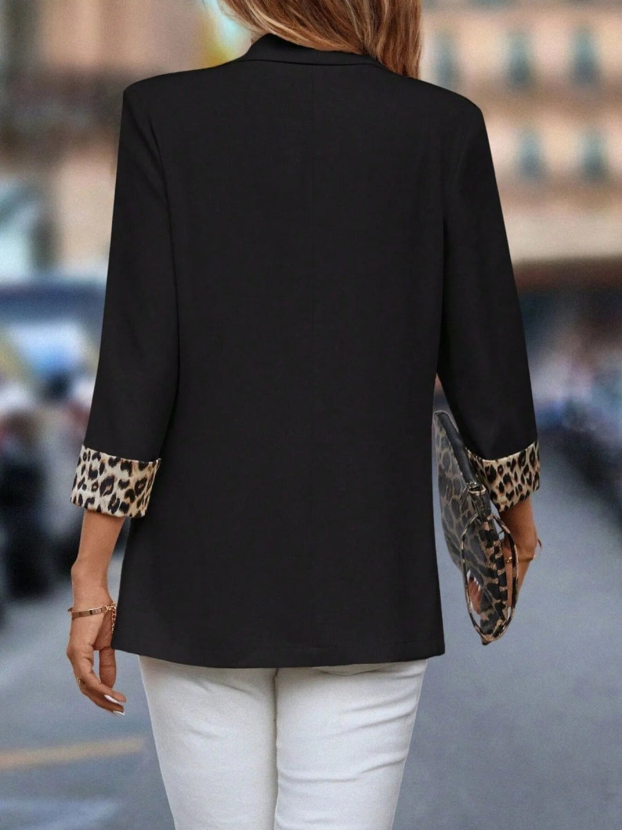 Leopard Lapel Collar Open Front Blazer - CELIVINE