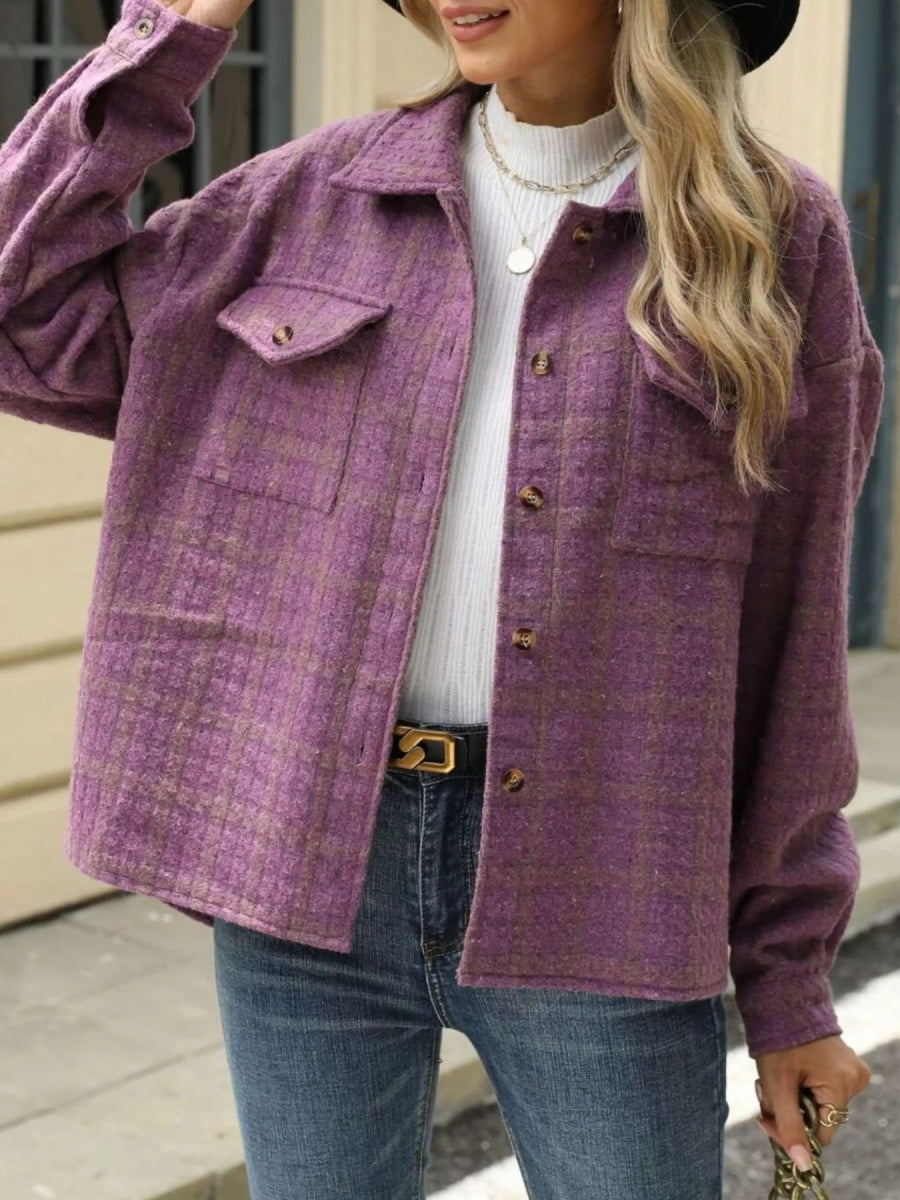 Plaid Button Up Long Sleeve Jacket - CELIVINE