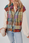 Plaid Zip Up Collared Neck Vest Coat - CELIVINE