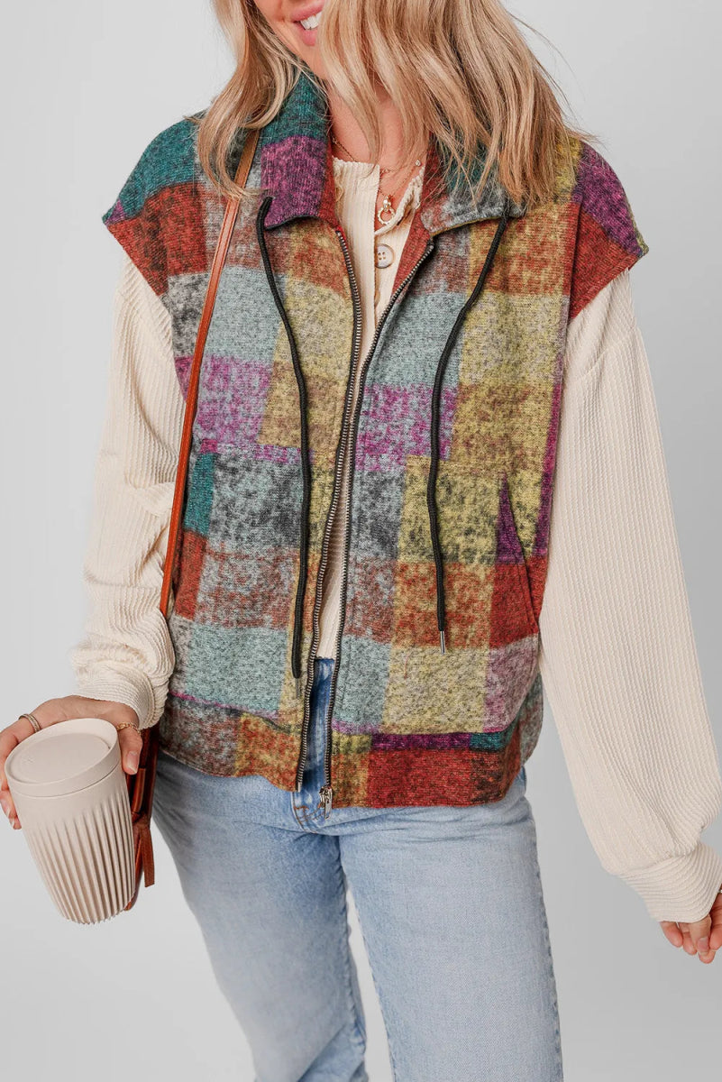 Plaid Zip Up Collared Neck Vest Coat - CELIVINE