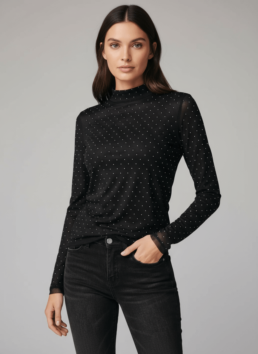Rhinestone Embellished Mesh Long Sleeve Top - CELIVINE