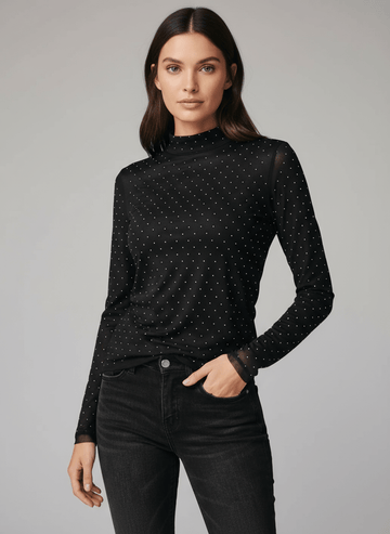 Rhinestone Embellished Mesh Long Sleeve Top - CELIVINE