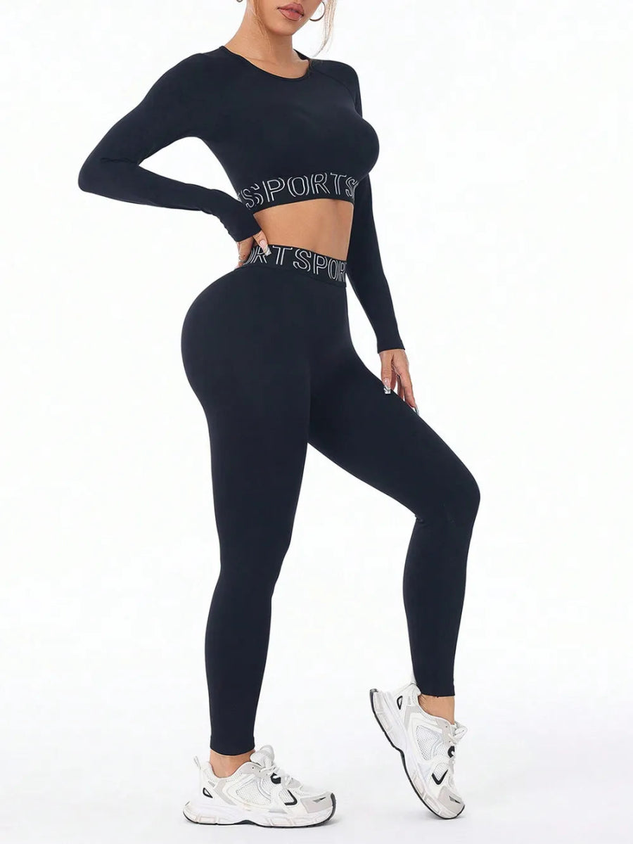 Letter Print Round Neck Long Sleeve Top and Leggings Active Set - CELIVINE