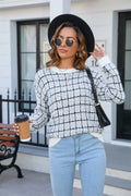Plaid Round Neck Long Sleeve Pullover Sweater - CELIVINE