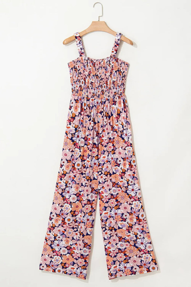 Floral Print Smocked High Waist Square Neck Jumpsuit - CELIVINE
