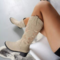 Embroidered Point Toe Block Heels Boots - CELIVINE