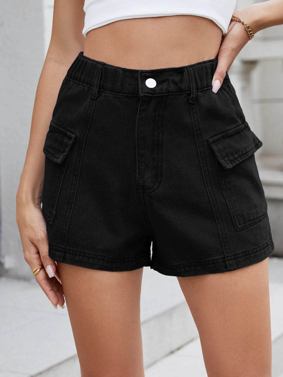 High Waist Cargo Denim Shorts - CELIVINE