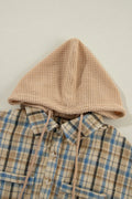 Drawstring Waffle Knit Patchwork Hooded Plaid Shacket - CELIVINE