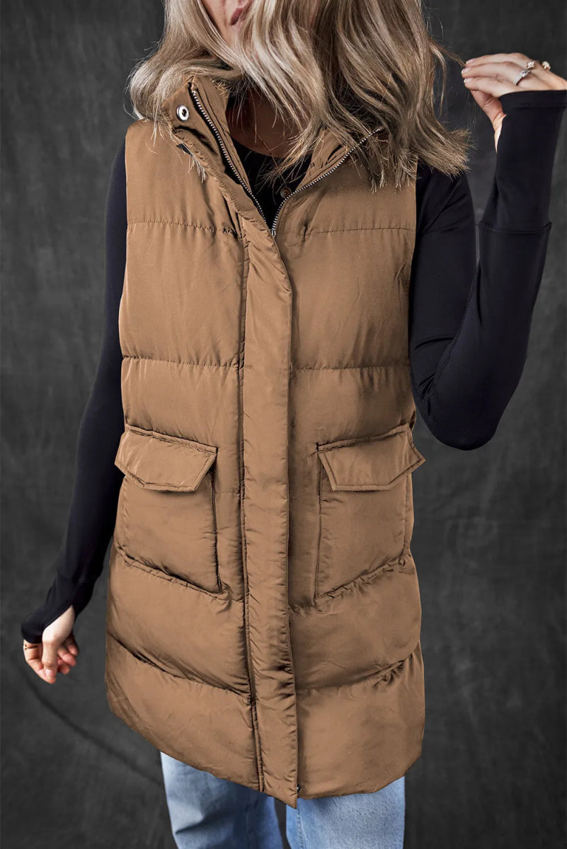 Pocketed Zip Up Vest Coat - CELIVINE