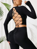 Lace - Up Back Round Neck Top and Leggings Active Set - CELIVINE