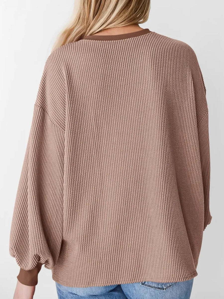 Round Neck Drop Shoulder Long Sleeve Sweatshirt - CELIVINE