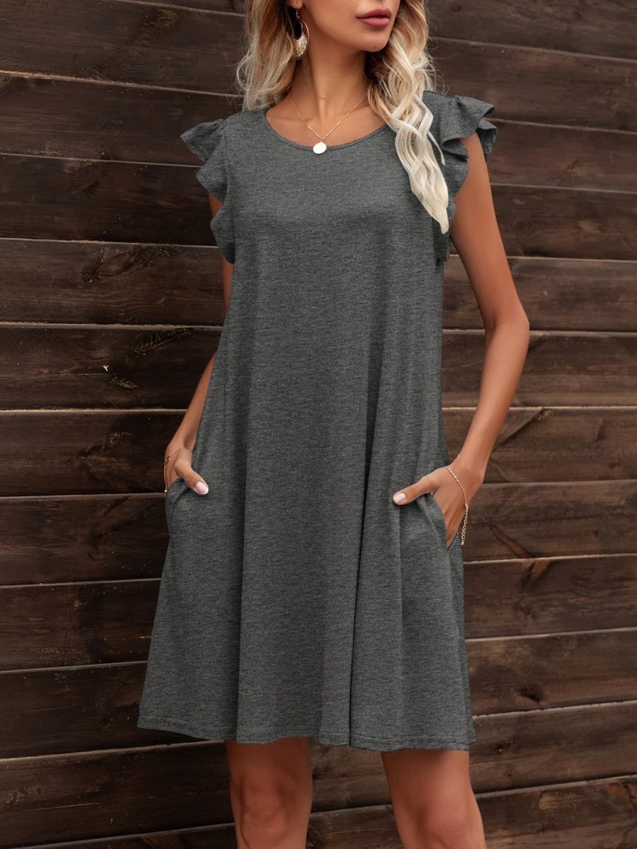 Round Neck Flutter Sleeve Dress with Pockets - CELIVINE