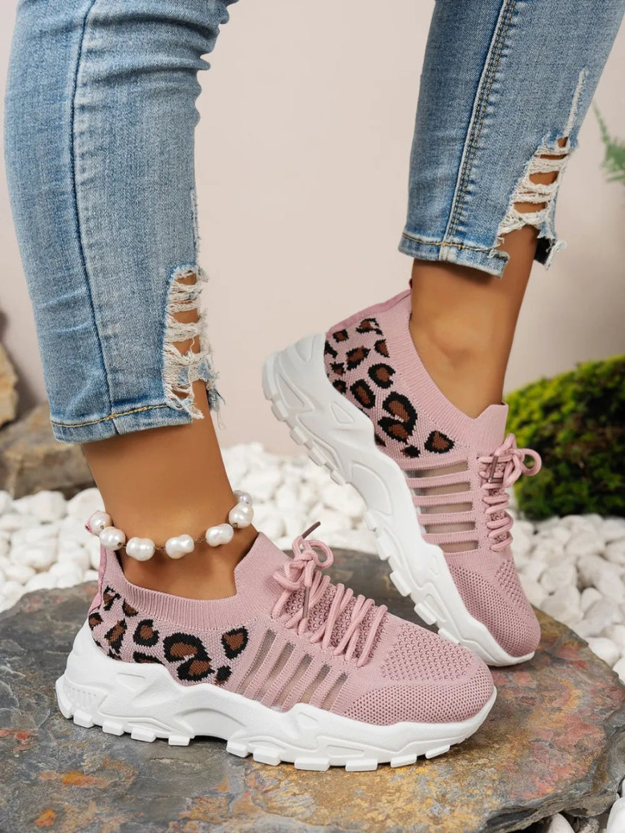 Cutout Leopard Lace Up Mesh Athletic - CELIVINE