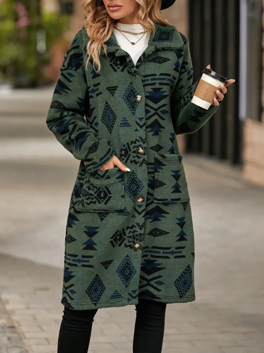 Geometric Pocketed Dropped Shoulder Coat - CELIVINE