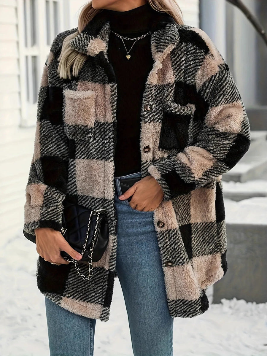 Button Down Collared Neck Plaid Teddy Coat with Pockets - CELIVINE