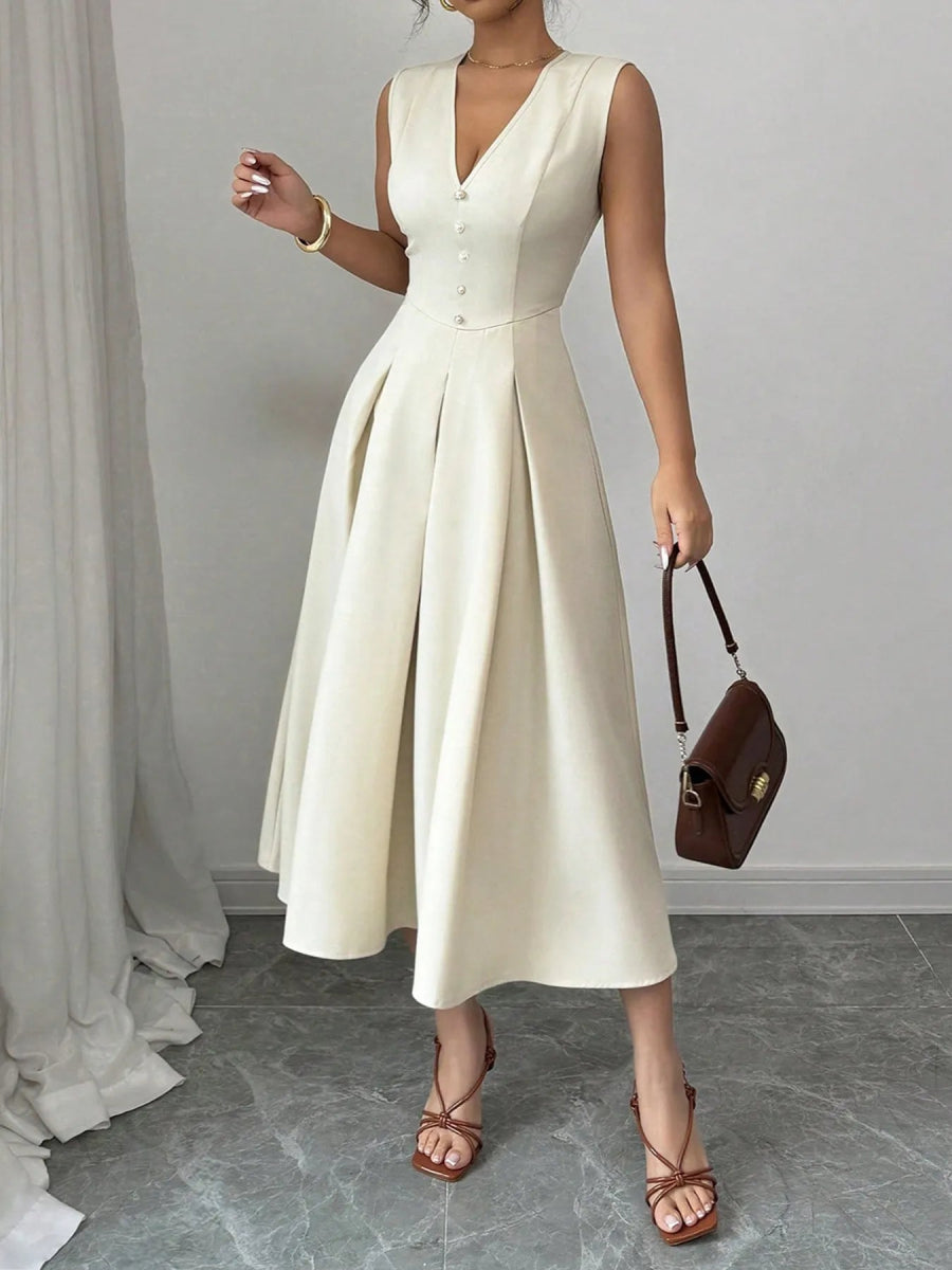 V - Neck Sleeveless Midi Dress - CELIVINE