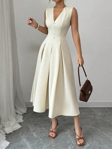 V - Neck Sleeveless Midi Dress - CELIVINE