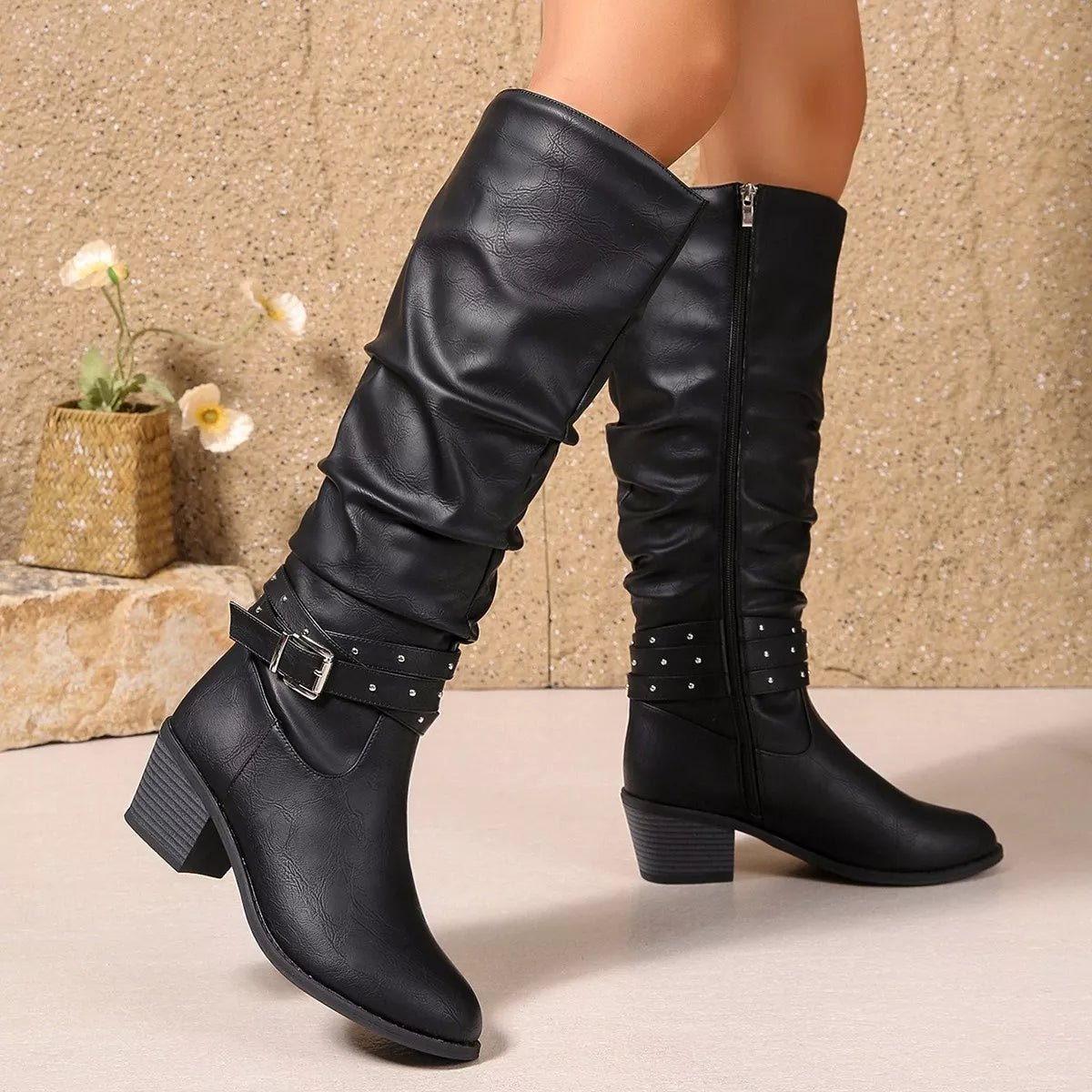 Round Toe Block Heels Boots - CELIVINE