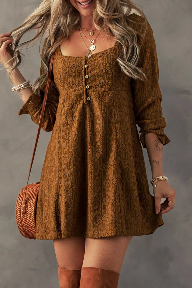 Textured Square Neck Mini Dress - CELIVINE