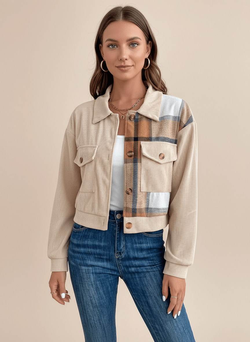 Color Block Collared Neck Button - Up Jacket - CELIVINE