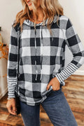 Plaid Drawstring Long Sleeve Hoodie - CELIVINE