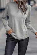 Decorative Button Round Neck Long Sleeve Top - CELIVINE