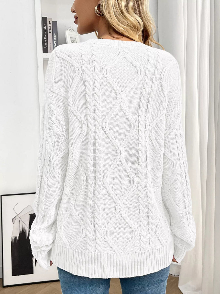 Cable Knit Round Neck Long Sleeve Sweater - CELIVINE