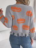 Halloween Pumpkin Pattern Raw Hem V - Neck Sweater - CELIVINE