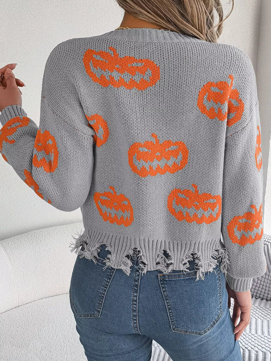 Halloween Pumpkin Pattern Raw Hem V - Neck Sweater - CELIVINE