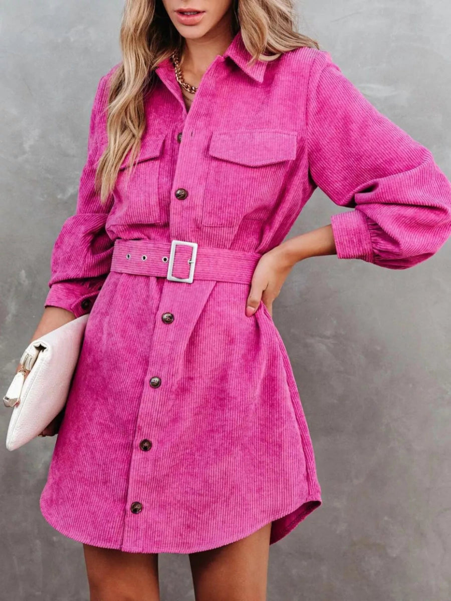 Button Front Belt Long Sleeve Corduroy Dress - CELIVINE