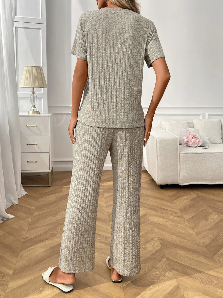 Ribbed Knit Short Sleeve Top and Pants Lounge Set - CELIVINE