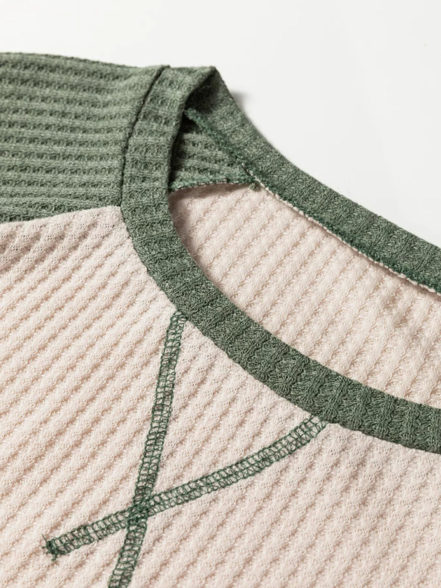 Waffle Color Block Raglan Sleeve Top - CELIVINE