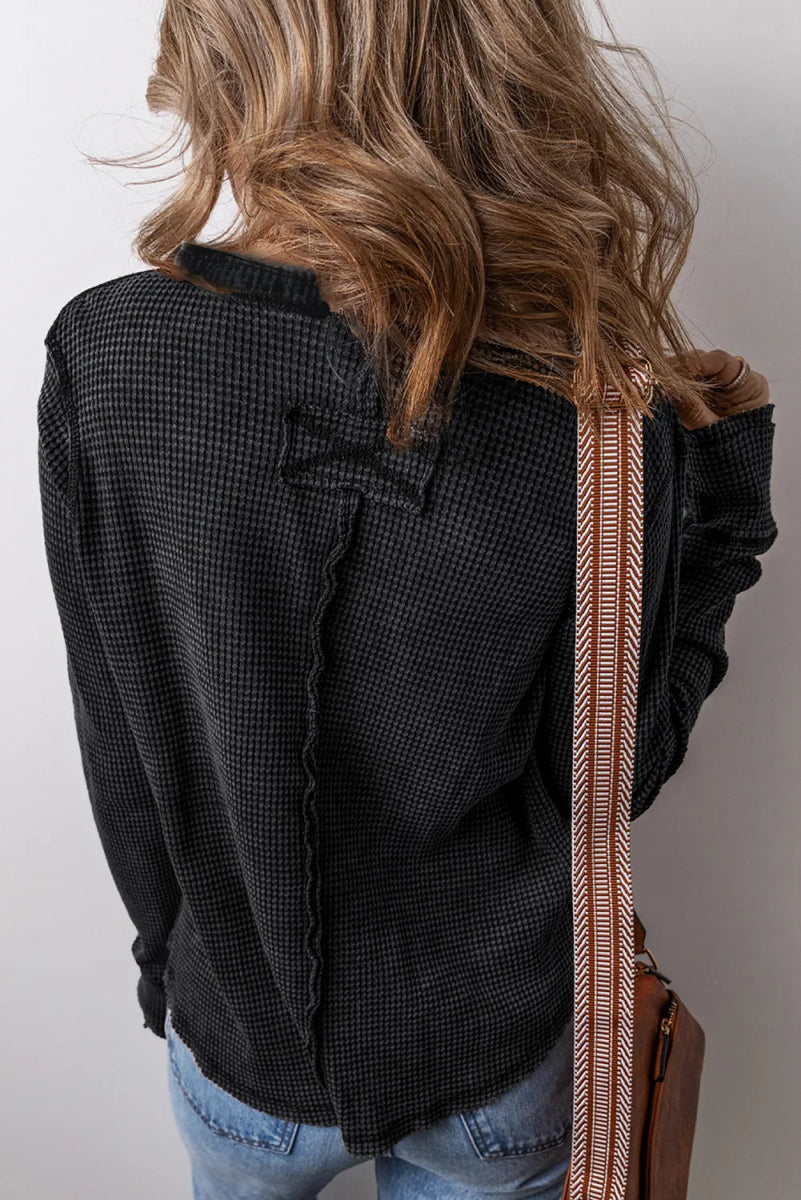 Notched Long Sleeve Top - CELIVINE