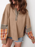 Waffle Stripe Plaid Patchwork Henley Knit Top - CELIVINE