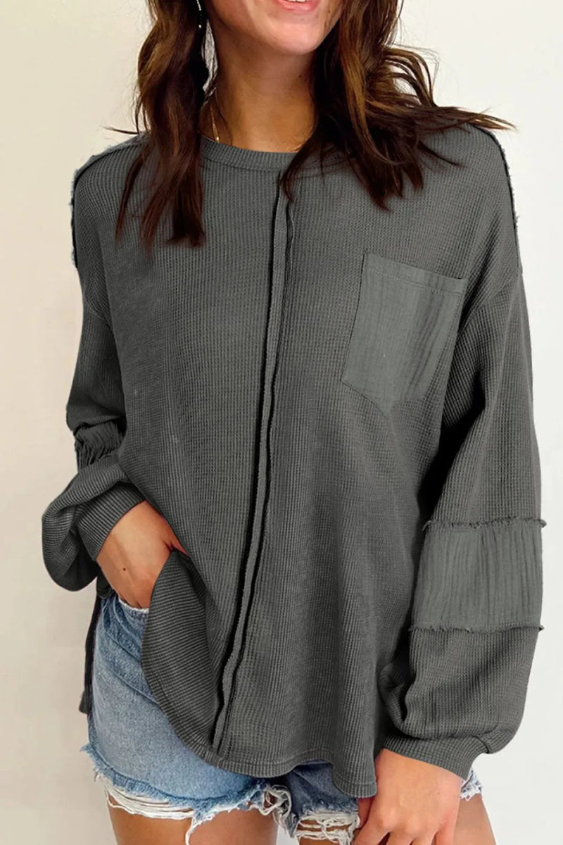 Exposed Seam Round Neck Long Sleeve Sweatshirt - CELIVINE