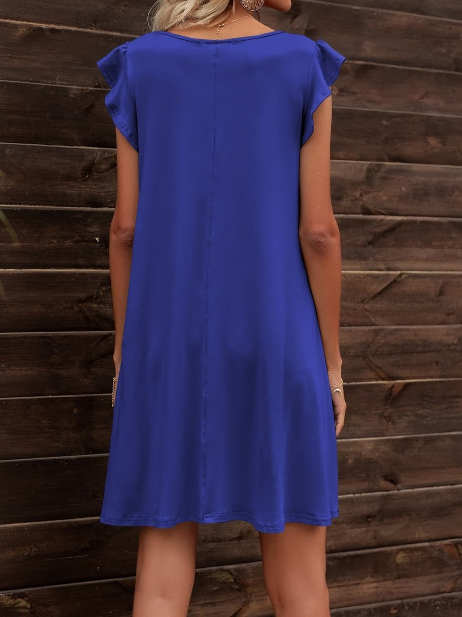 Round Neck Flutter Sleeve Dress with Pockets - CELIVINE