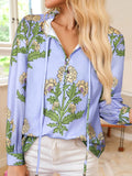 Floral Print Long Sleeve Tie Neck Blouse - CELIVINE
