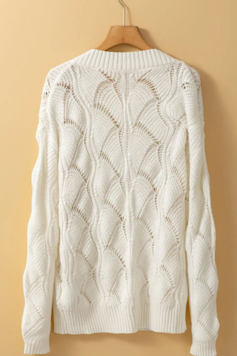 Openwork V - Neck Long Sleeve Sweater - CELIVINE