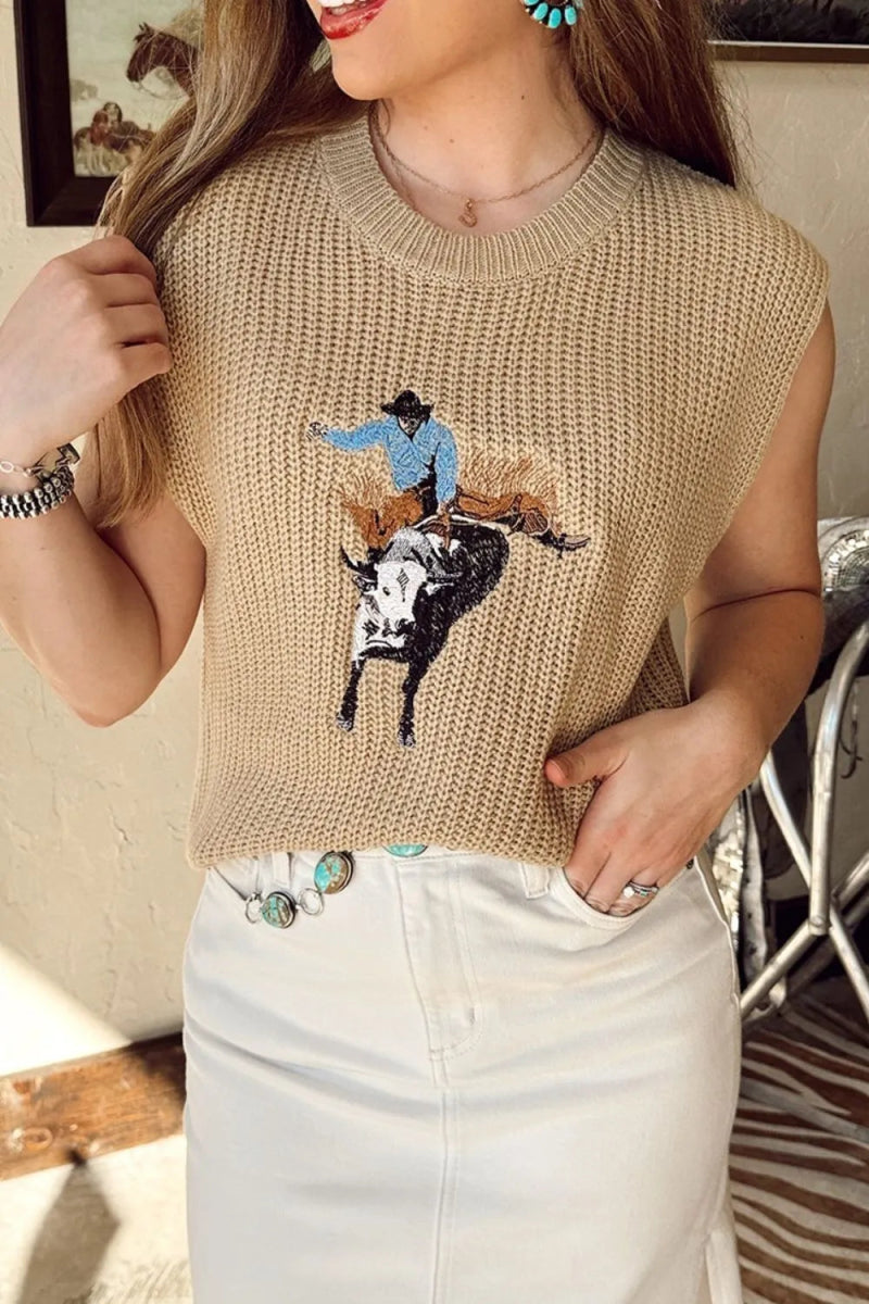 Western Cowboy Embroidery Round Neck Sleeveless Sweater - CELIVINE
