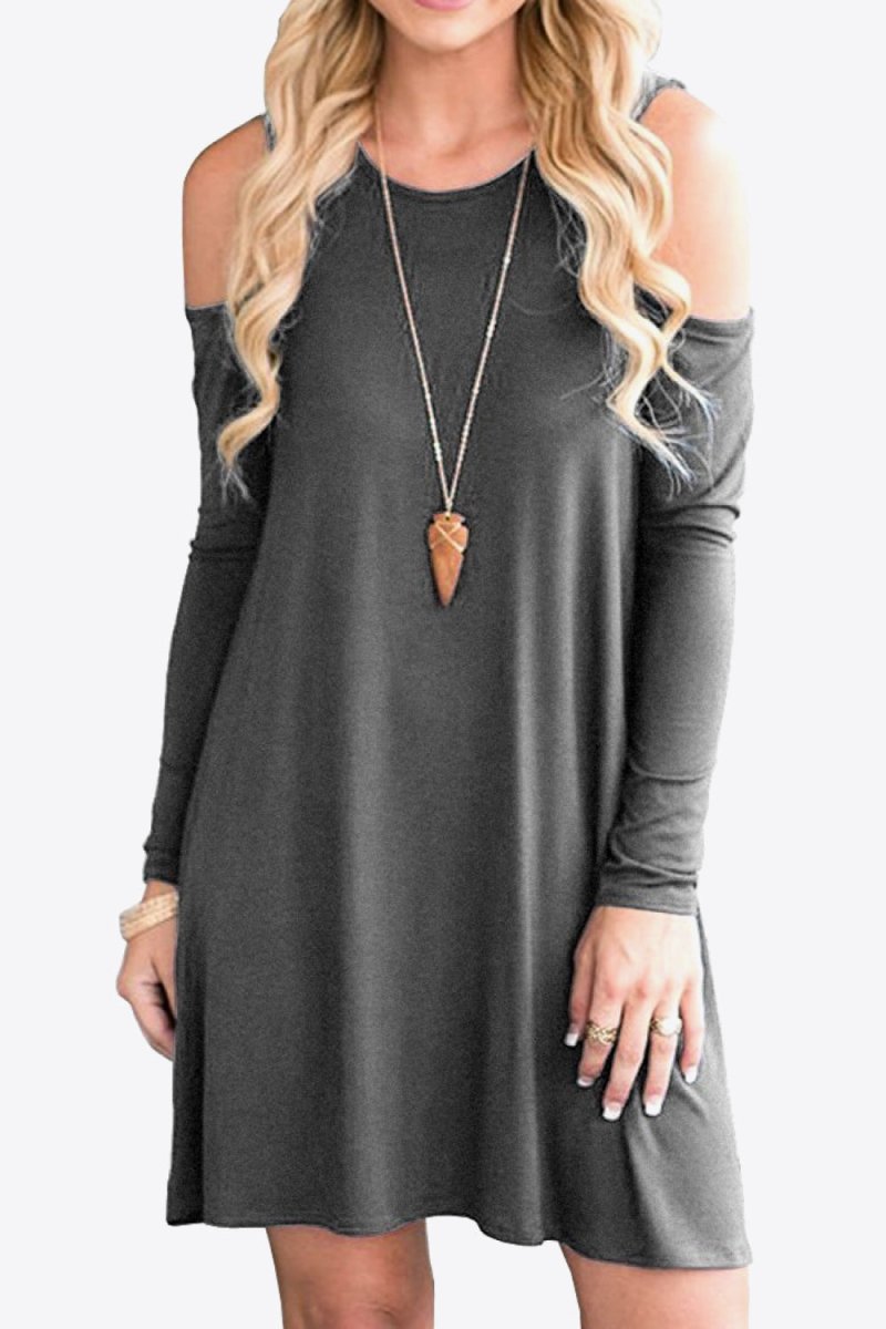 Cold - Shoulder Long Sleeve Round Neck Dress - CELIVINE