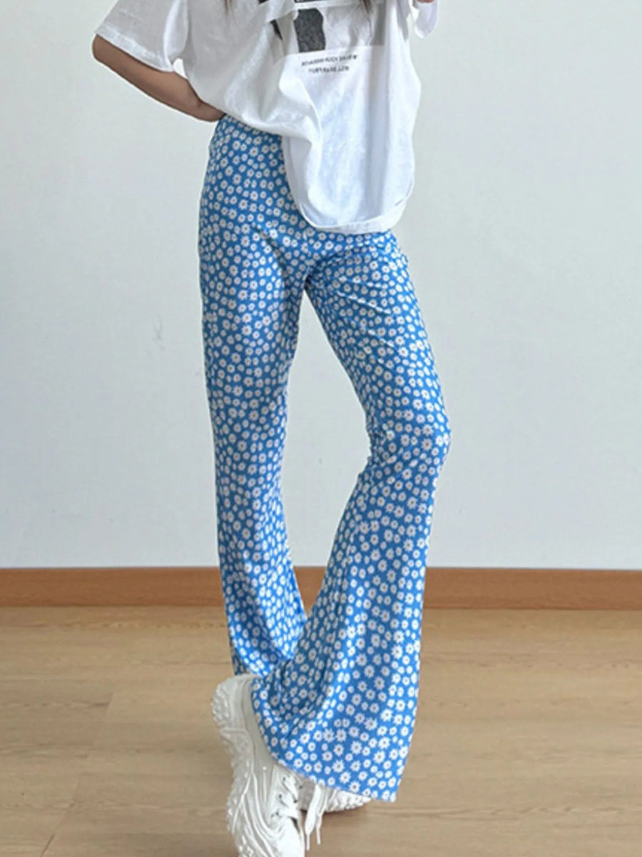 Floral Print Flare Leg Pants - CELIVINE