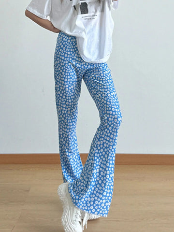 Floral Print Flare Leg Pants - CELIVINE
