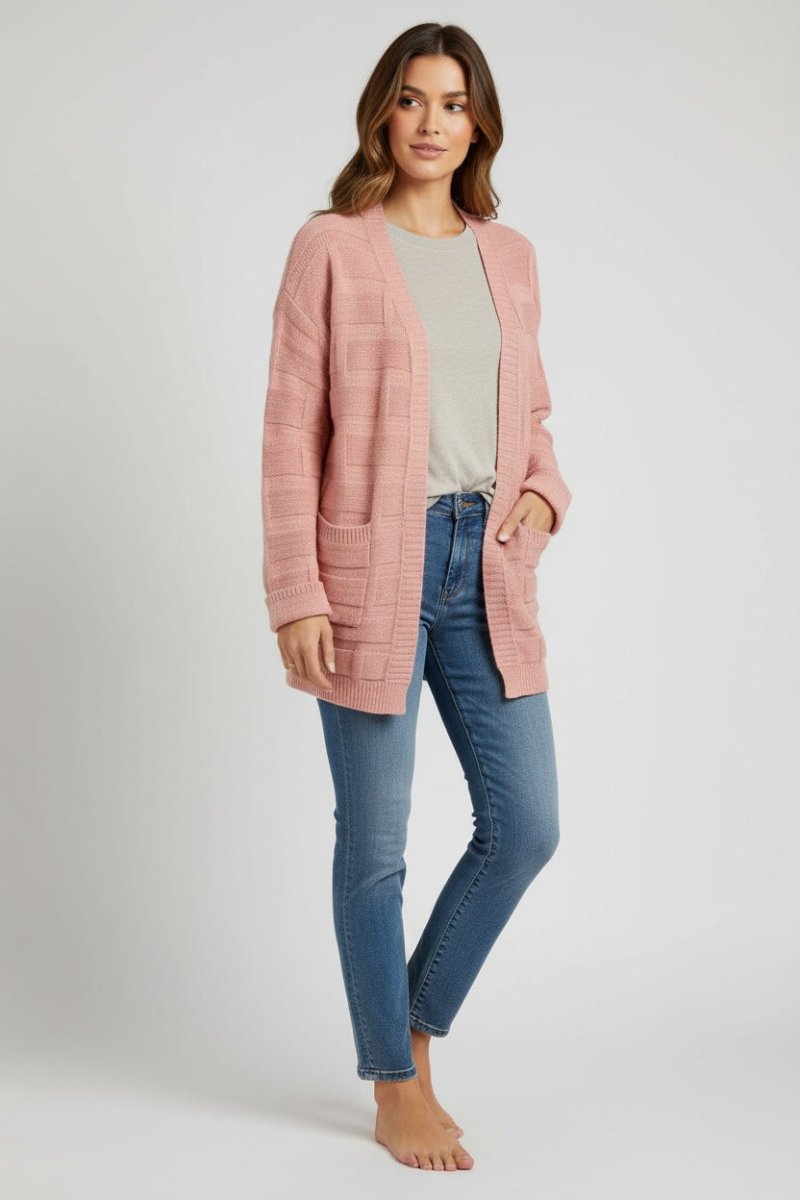 Textured Knit Open Front Cardigan with Pockets - CELIVINE