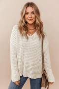 Openwork Round Neck Long Sleeve Sweater - CELIVINE