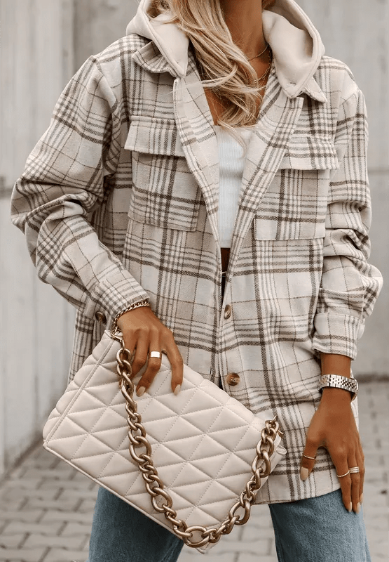 Plaid Removable Hood Button Up Shacket - CELIVINE