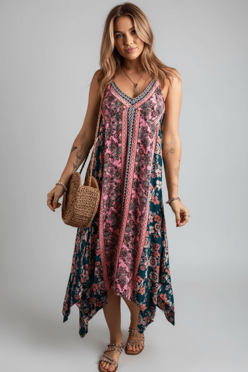Printed V - Neck Midi Cami Dress - CELIVINE